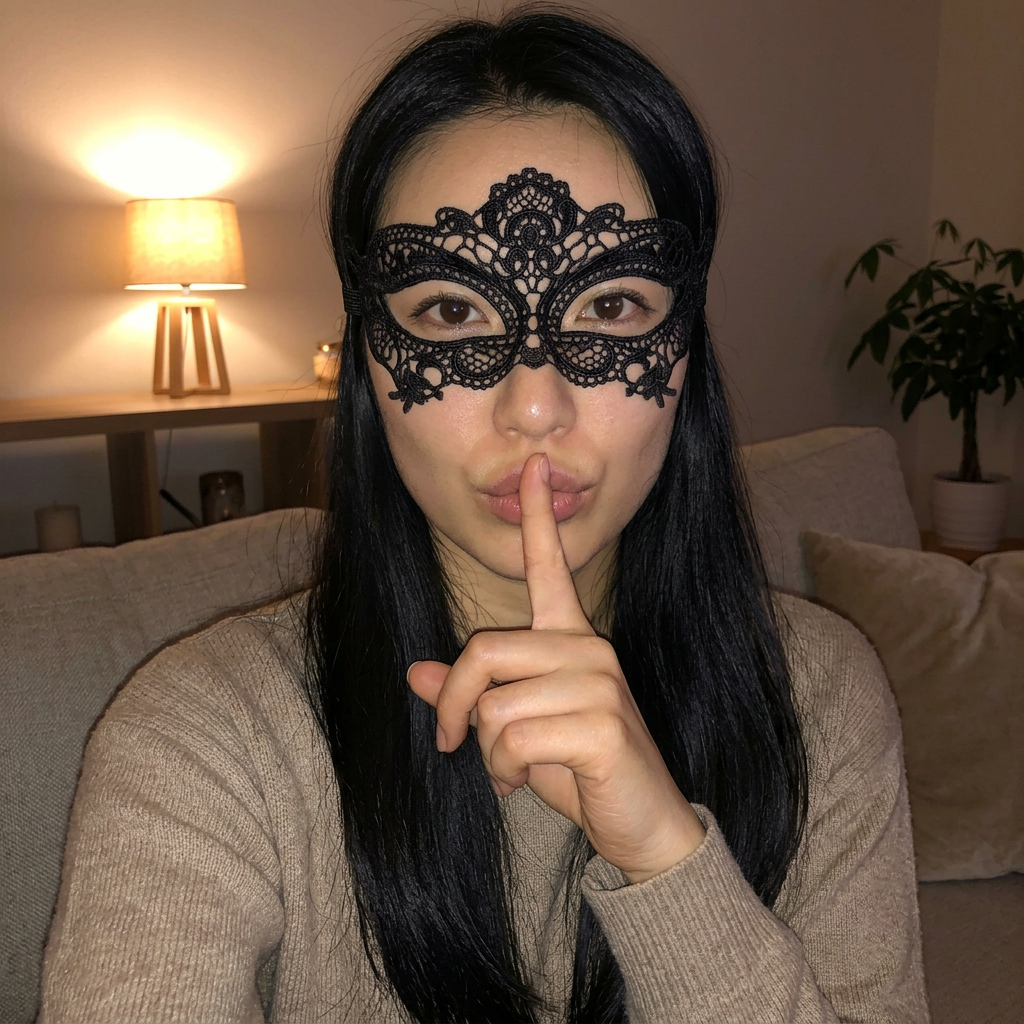 Portrait d’une femme japonaise aux cheveux noirs portant un masque de dentelle et faisant un geste de silence