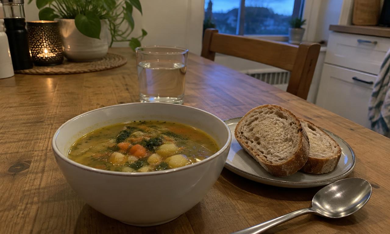 Une soupe maison et du pain : simple, chaud et rassasiant.